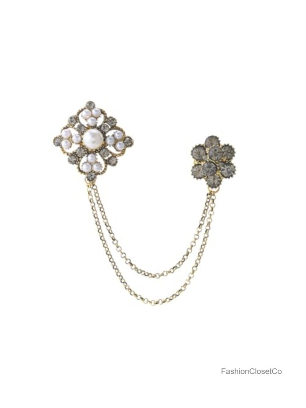 Gold Plated Crystal Faux Pearl Tassel Brooch Pin Women Dress Suit Accessory